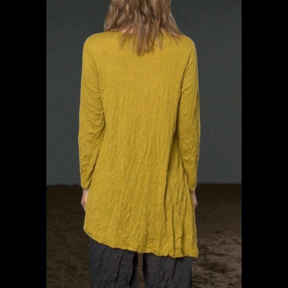 CHALET ET CECI Women Mustard Tunic Top Asymmetrical Hem Lagenlook Crinkle S NWOT - Picture 3 of 16